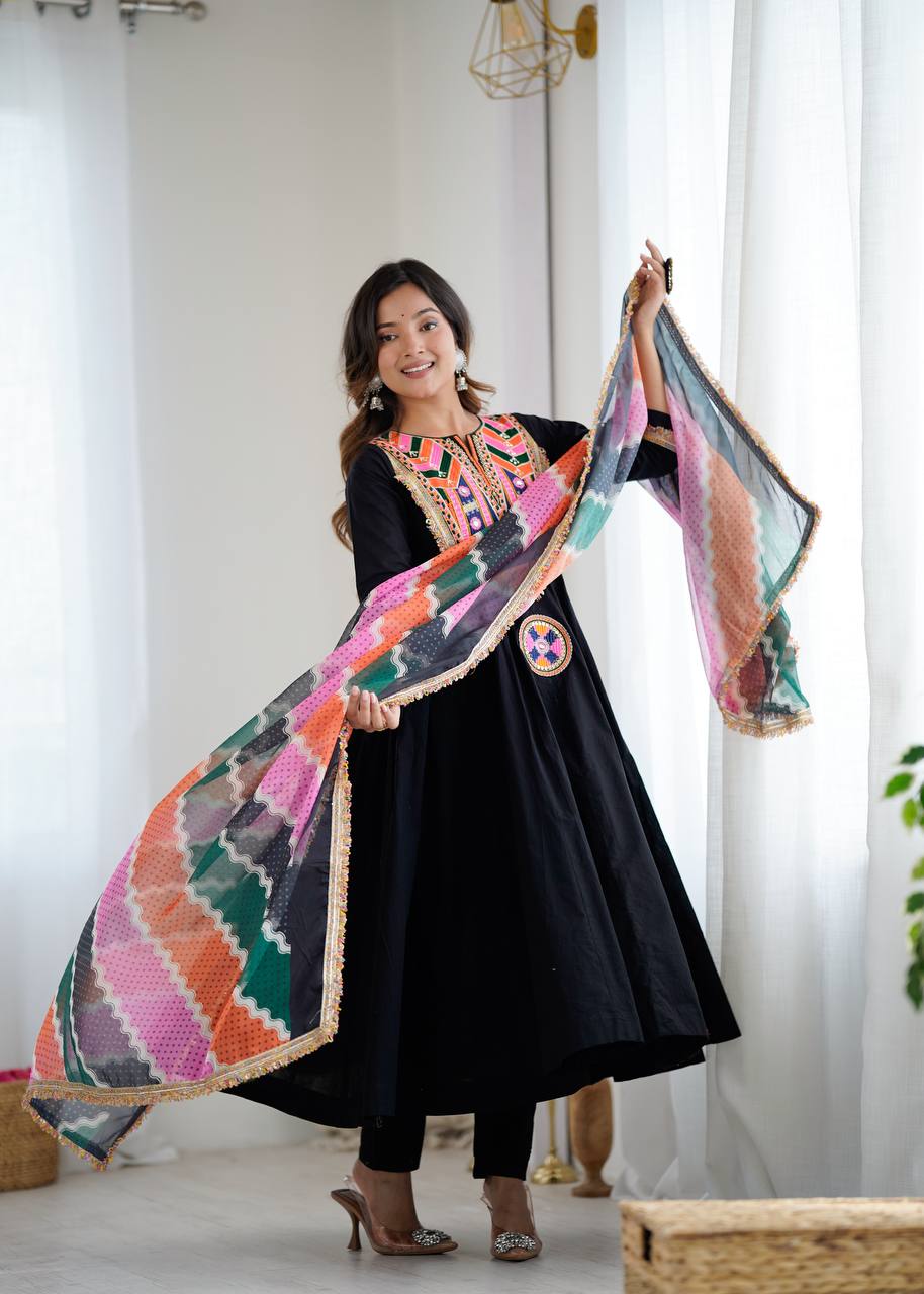 Designer Khadi Cotton Black Color Gown Set with Dupatta