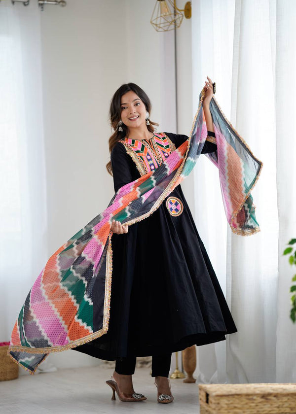 Designer Khadi Cotton Black Color Gown Set with Dupatta