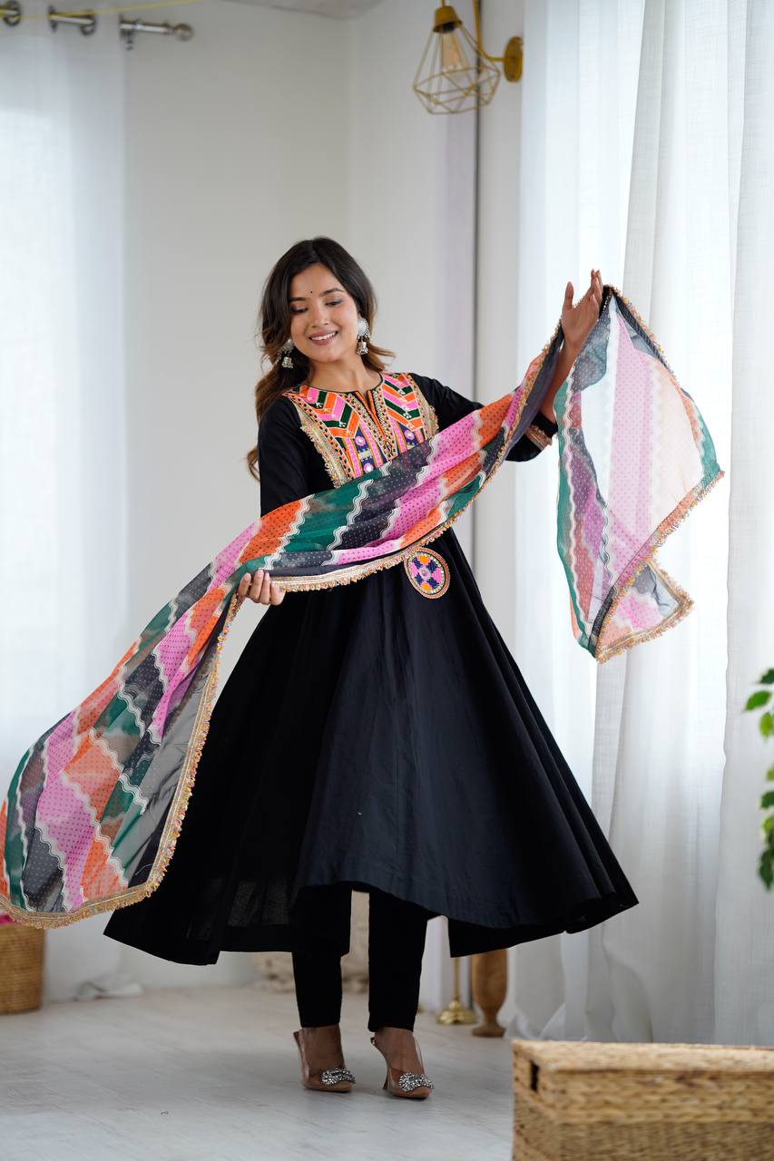 Designer Khadi Cotton Black Color Gown Set with Dupatta