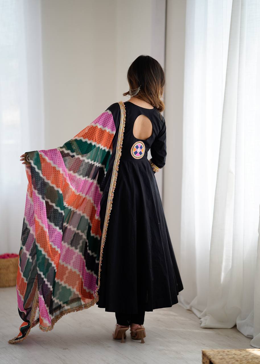 Designer Khadi Cotton Black Color Gown Set with Dupatta