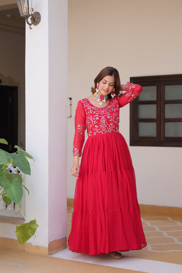 Fashionable Red Color Faux Georgette With Sequence Thread Work Gown