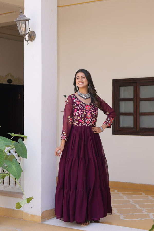 Fashionable Wine Color Faux Georgette With Sequence Thread Work Gown