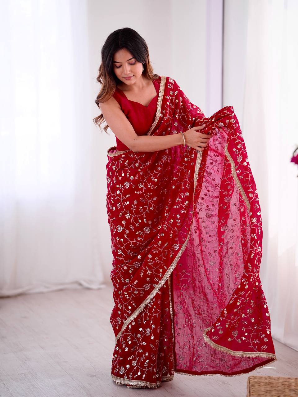 Arti Chauhan's Wear Red Color Sequence Work Beautiful Designer Saree