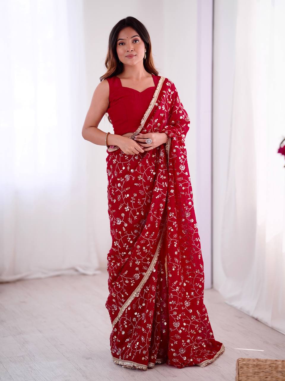 Arti Chauhan's Wear Red Color Sequence Work Beautiful Designer Saree