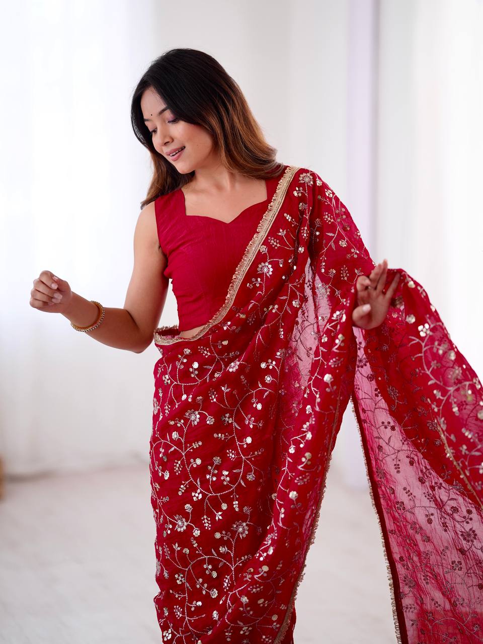 Arti Chauhan's Wear Red Color Sequence Work Beautiful Designer Saree