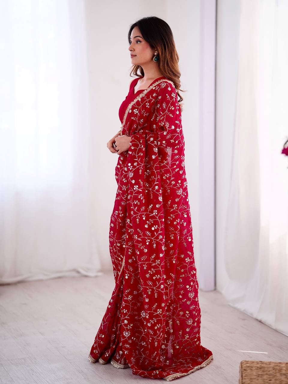 Arti Chauhan's Wear Red Color Sequence Work Beautiful Designer Saree