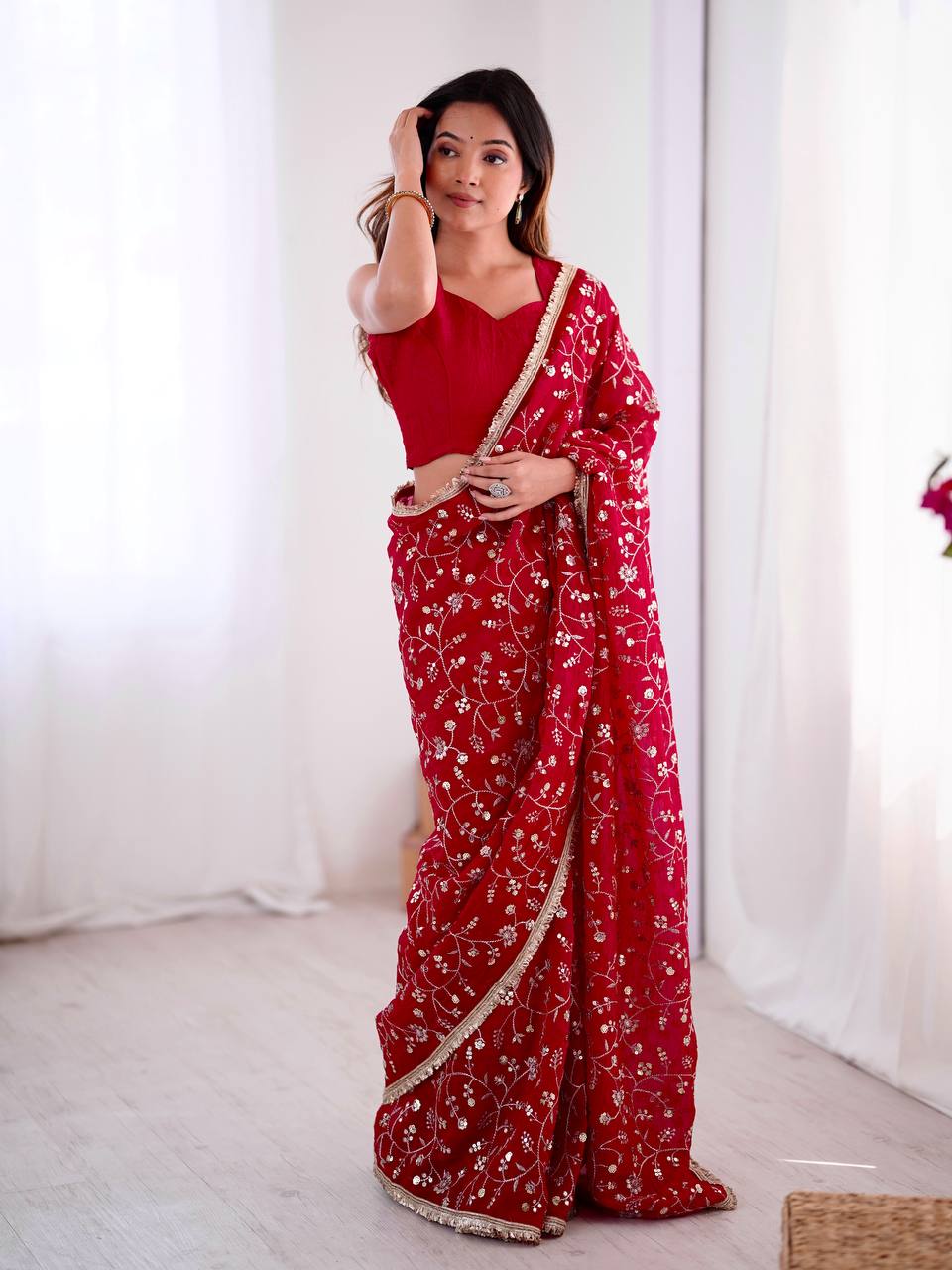 Arti Chauhan's Wear Red Color Sequence Work Beautiful Designer Saree