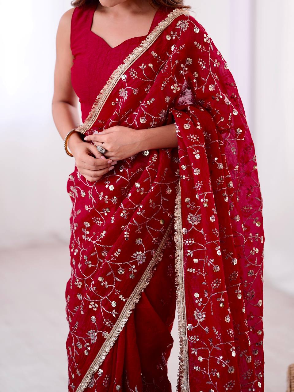 Arti Chauhan's Wear Red Color Sequence Work Beautiful Designer Saree