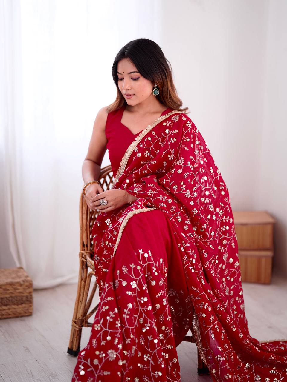 Arti Chauhan's Wear Red Color Sequence Work Beautiful Designer Saree