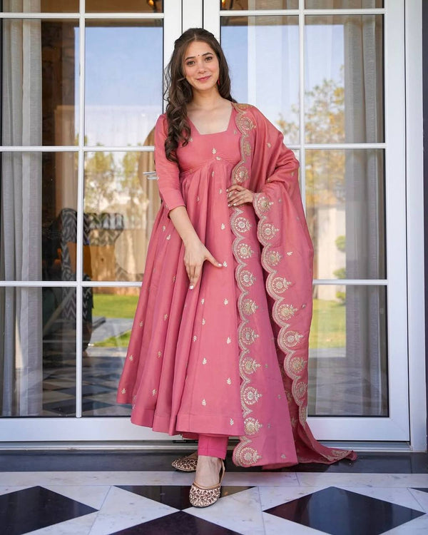 Occasion Wear Onion Pink Color Full Heavy Embroidery Sequence Work Gown With Fully Stiched and Dupatta