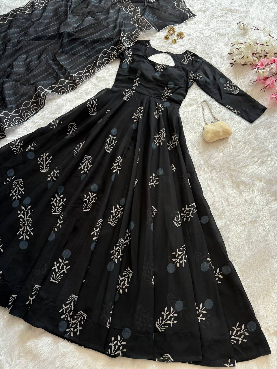 Exclusive Black Color Digital Printed cotton Anarkali Gown