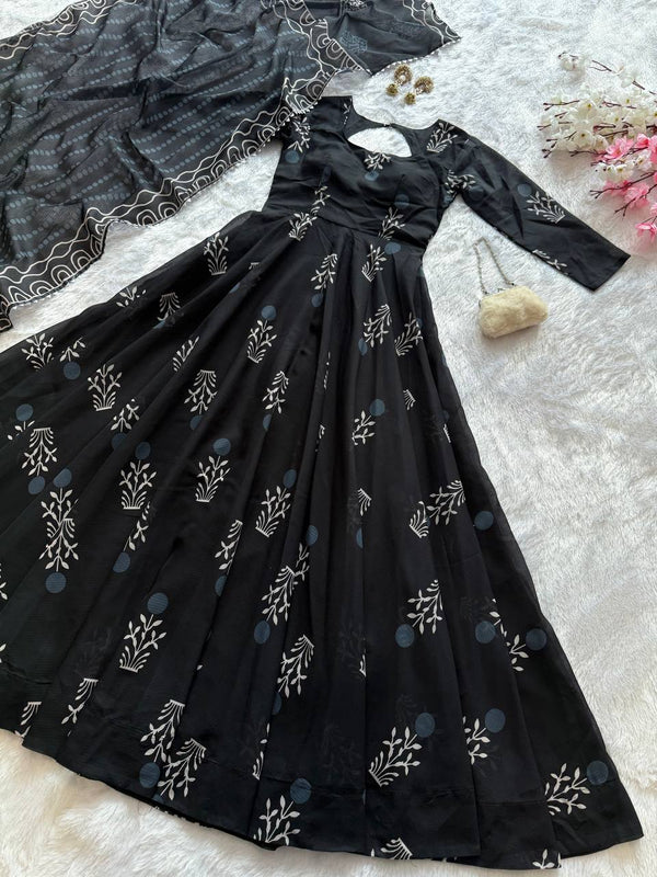 Exclusive Black Color Digital Printed cotton Anarkali Gown