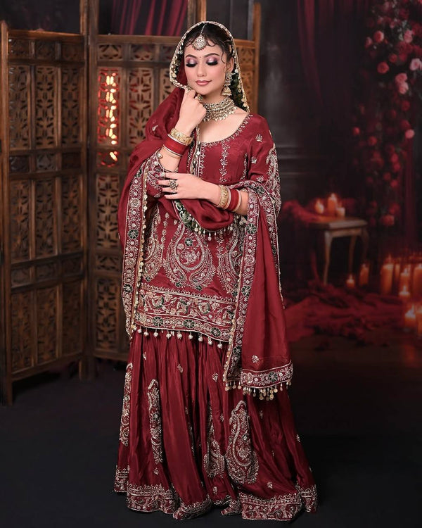 Wedding Wear Maroon Color Heavy Faux Georgette With Embroidery Work Sharara Suit