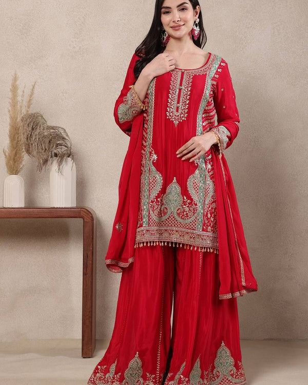 Festive Wear Red Color Heavy Work Designer Sharara Suit