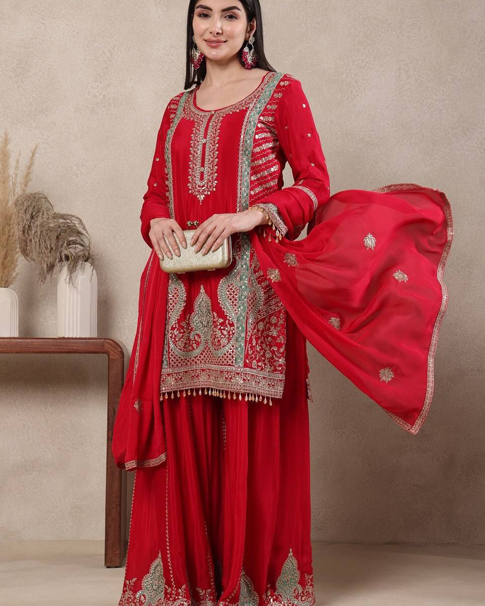 Festive Wear Red Color Heavy Work Designer Sharara Suit