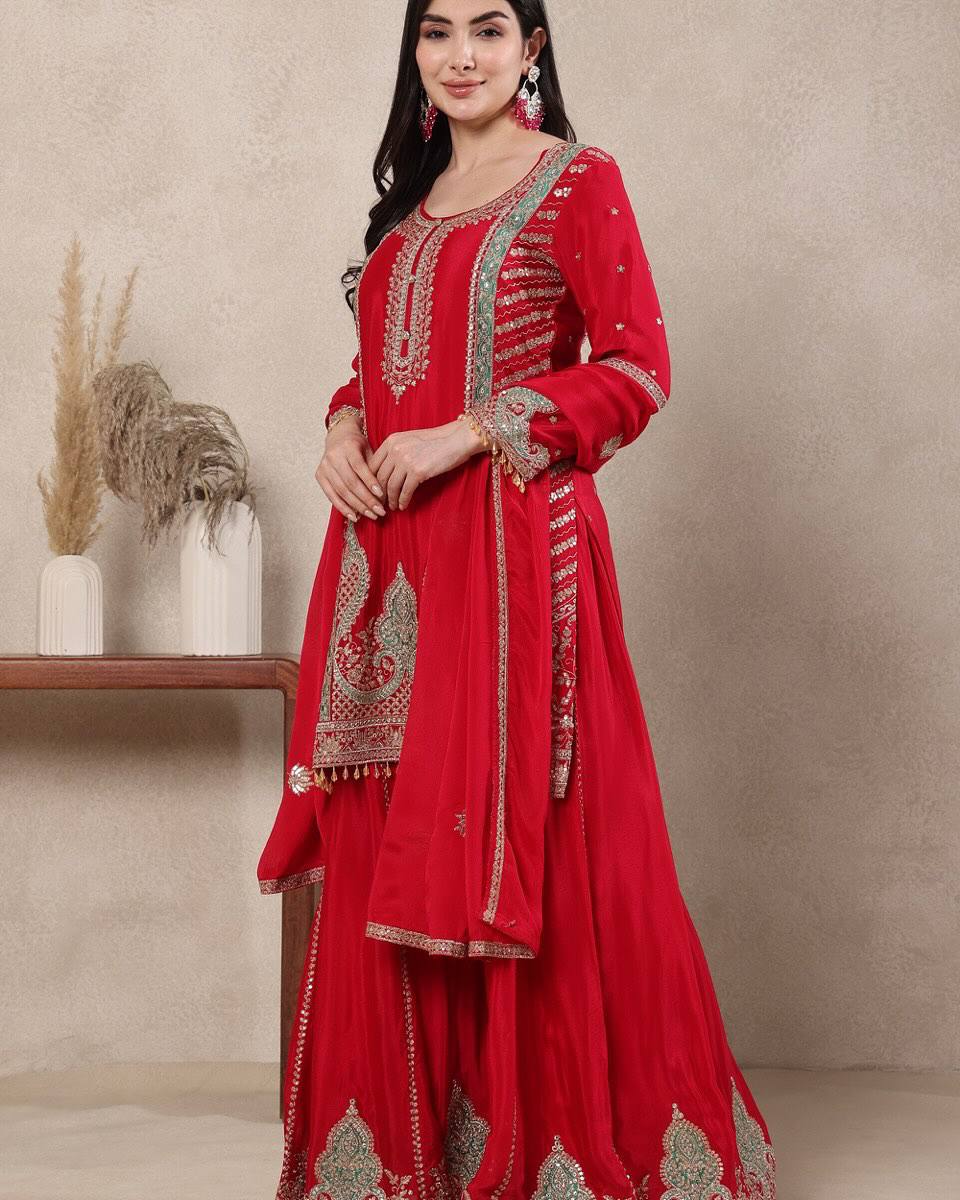 Festive Wear Red Color Heavy Work Designer Sharara Suit