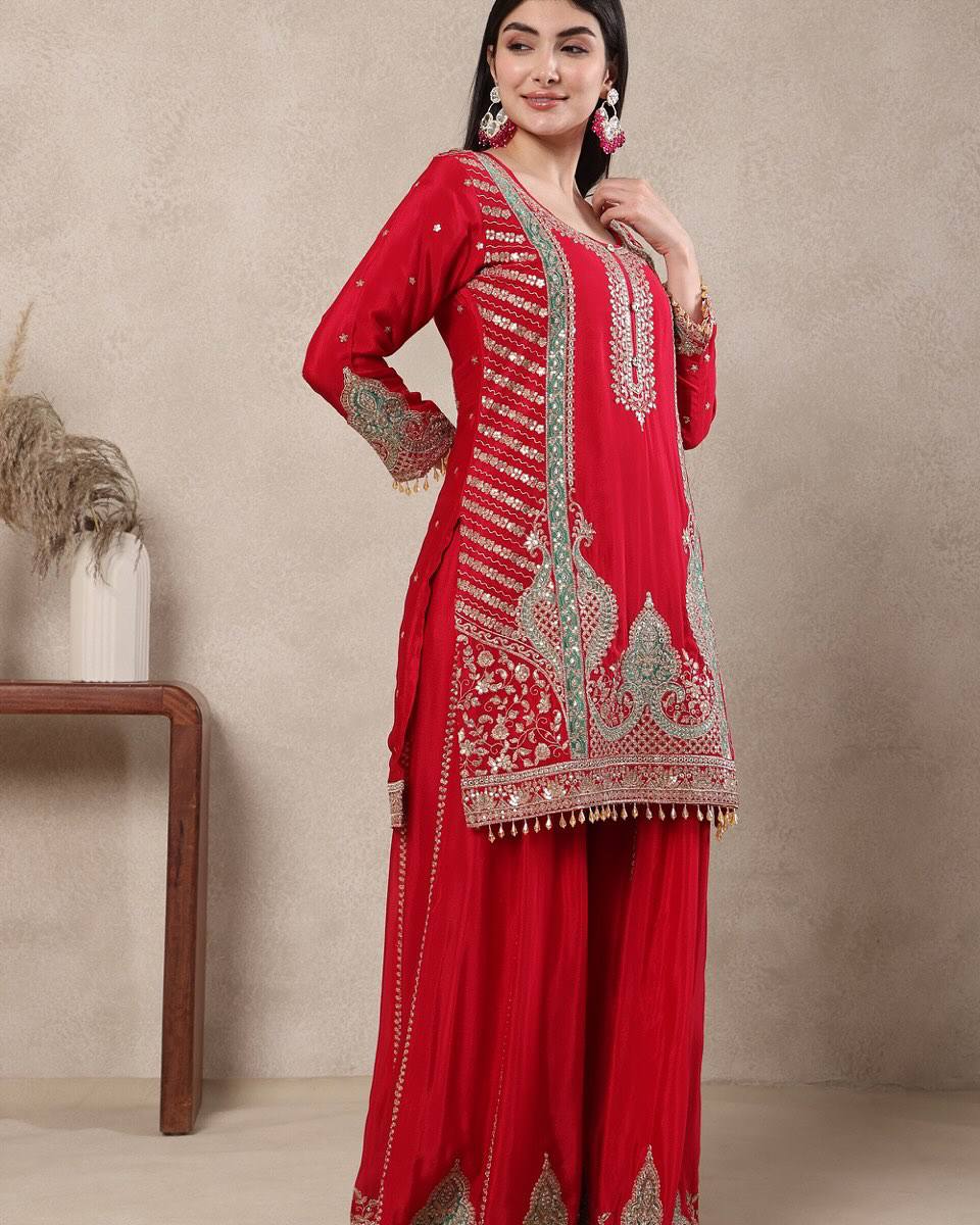 Festive Wear Red Color Heavy Work Designer Sharara Suit