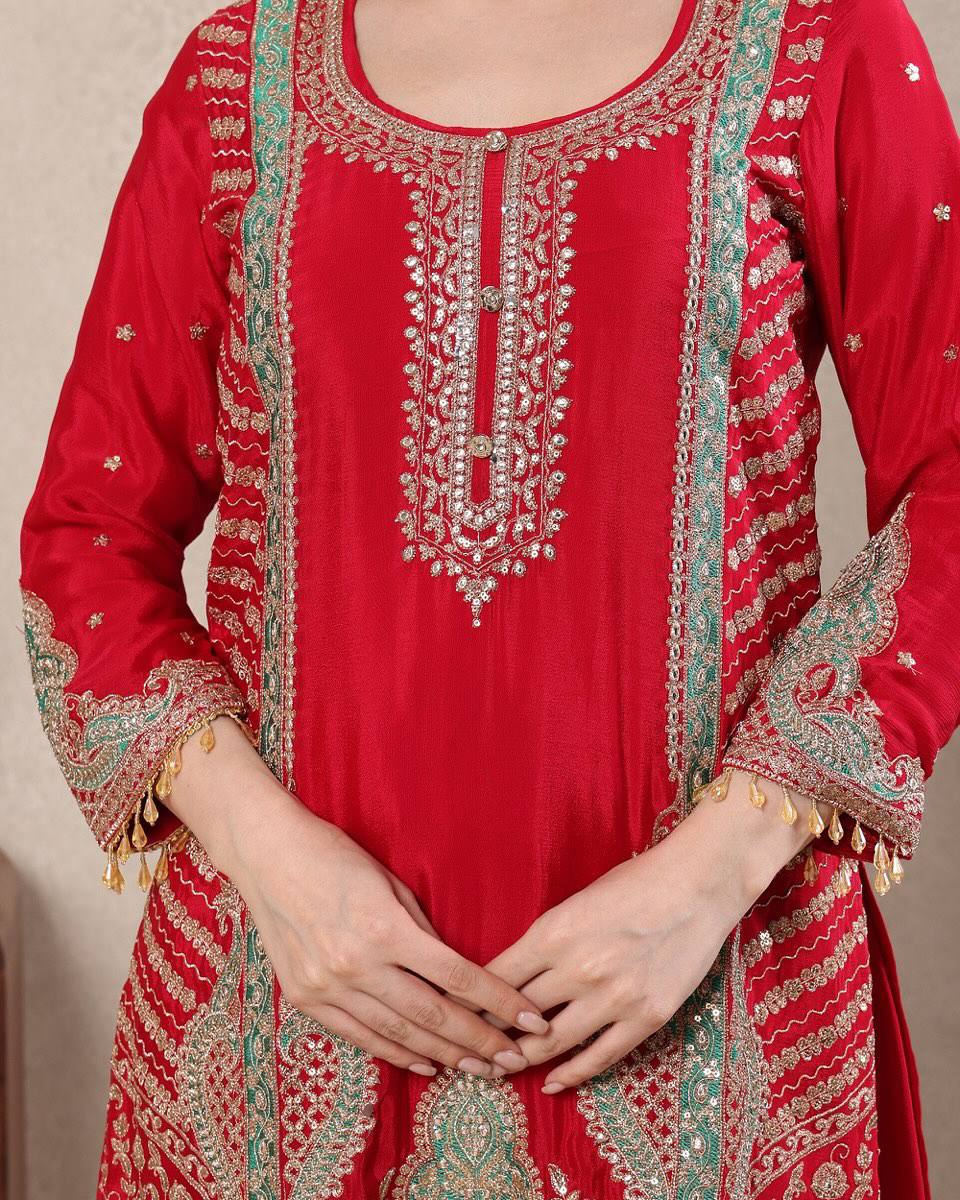 Festive Wear Red Color Heavy Work Designer Sharara Suit