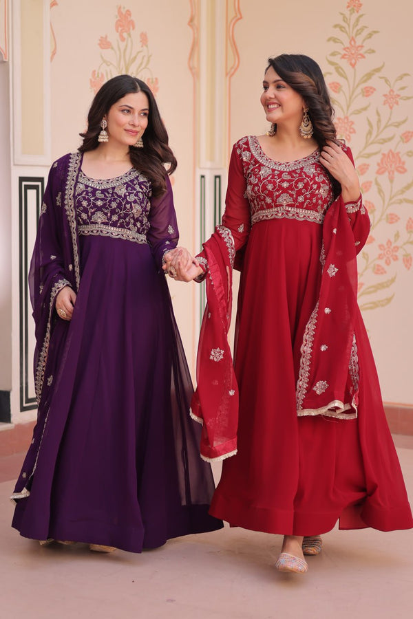 Beautiful Purple And Red Color Designer Gown WIth Dupatta