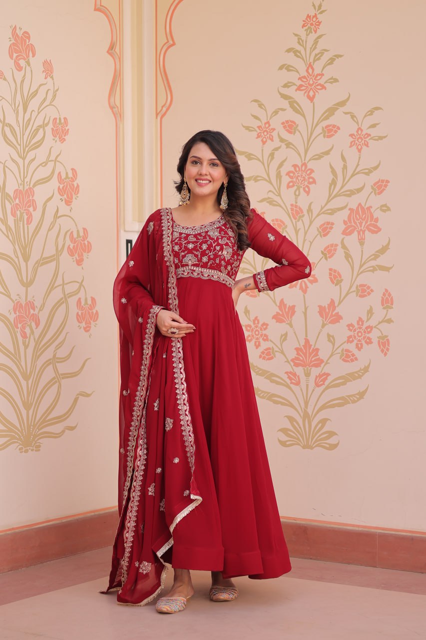 Beautiful Purple And Red Color Designer Gown WIth Dupatta