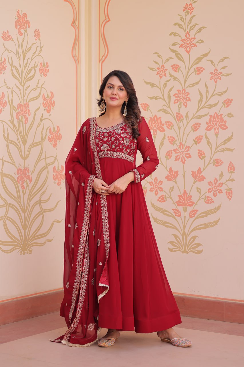 Beautiful Purple And Red Color Designer Gown WIth Dupatta