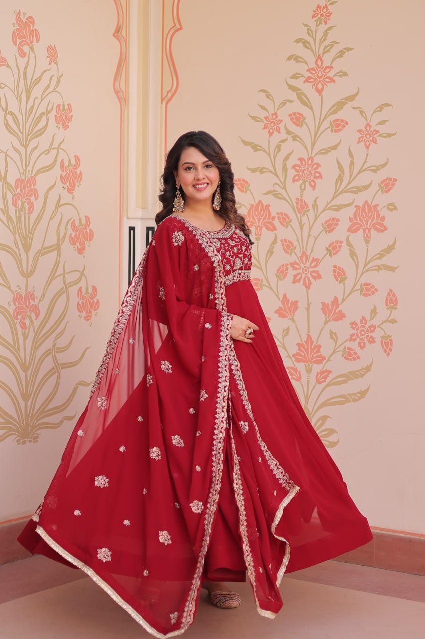 Beautiful Purple And Red Color Designer Gown WIth Dupatta
