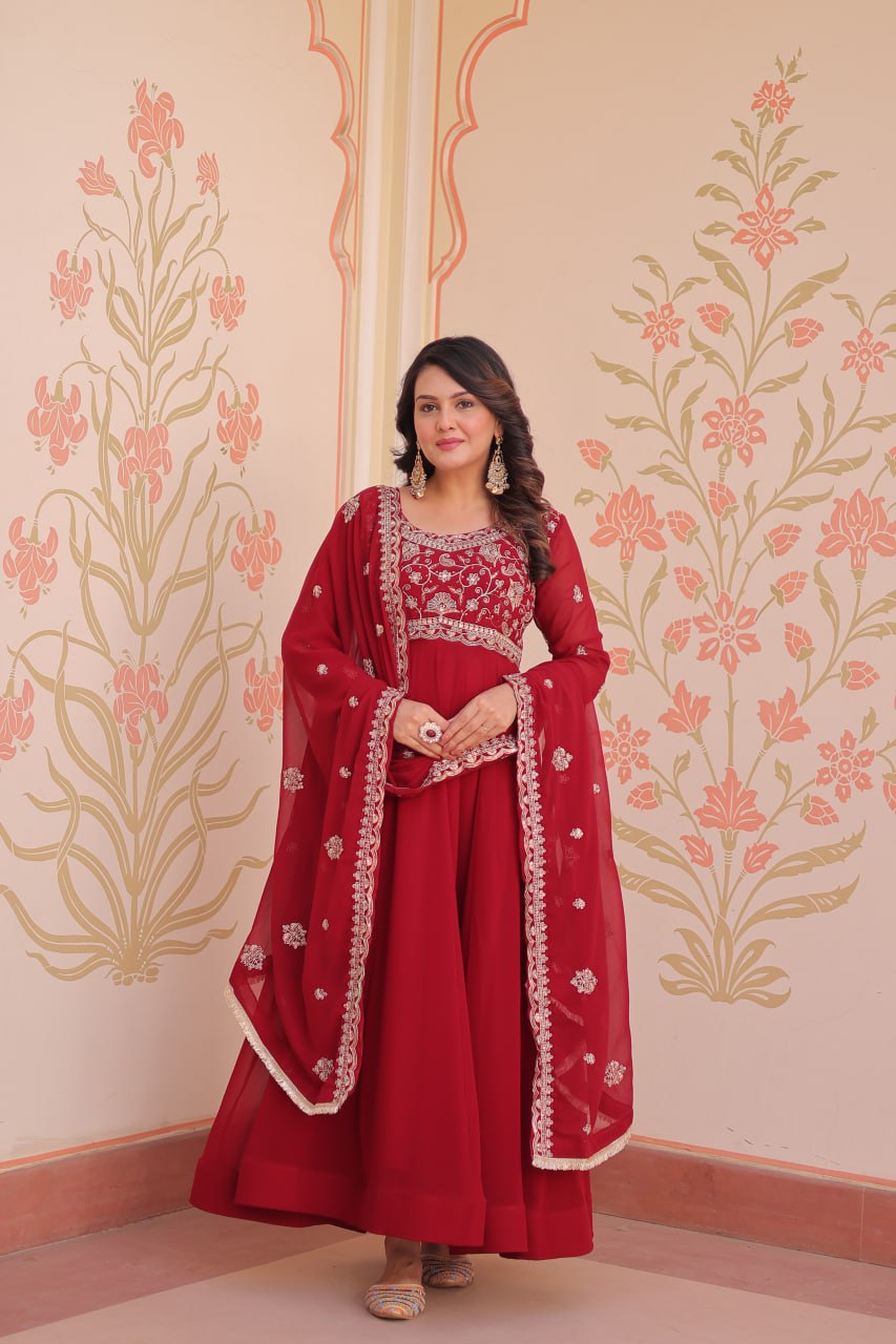 Beautiful Purple And Red Color Designer Gown WIth Dupatta