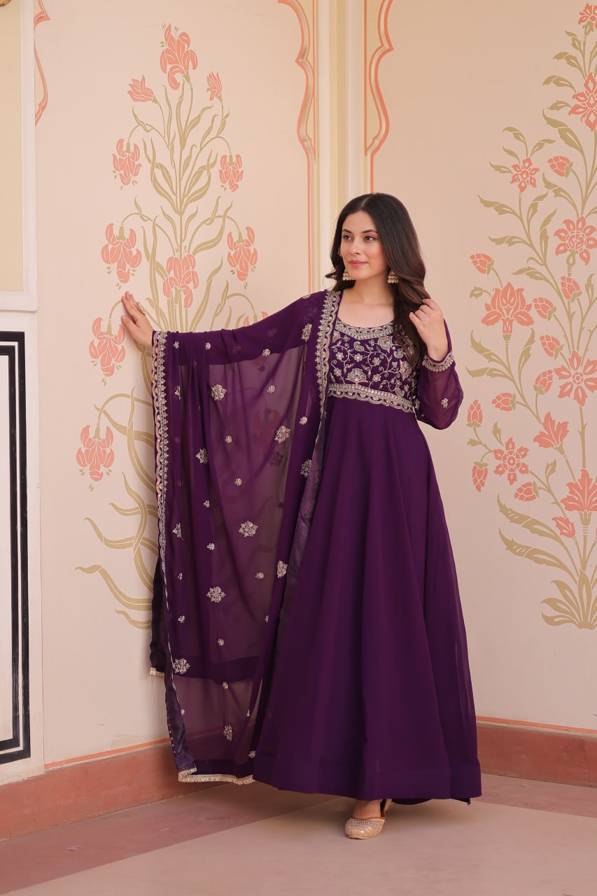 Beautiful Purple And Red Color Designer Gown WIth Dupatta