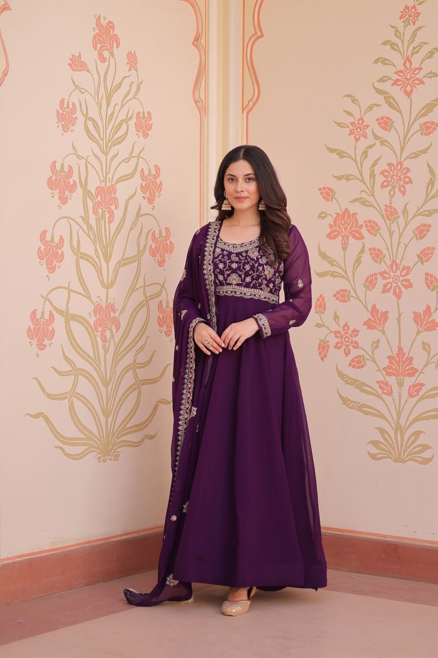 Beautiful Purple And Red Color Designer Gown WIth Dupatta