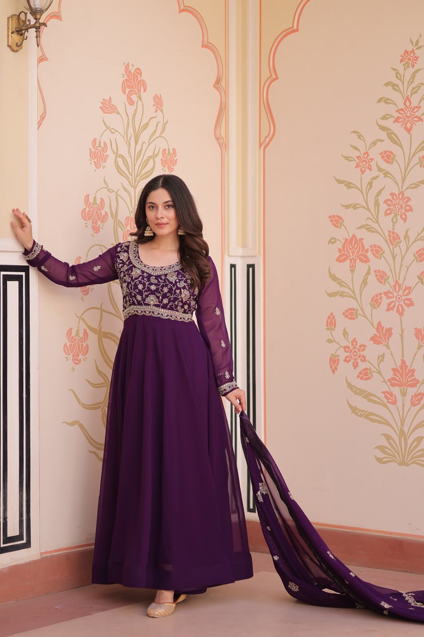 Beautiful Purple And Red Color Designer Gown WIth Dupatta