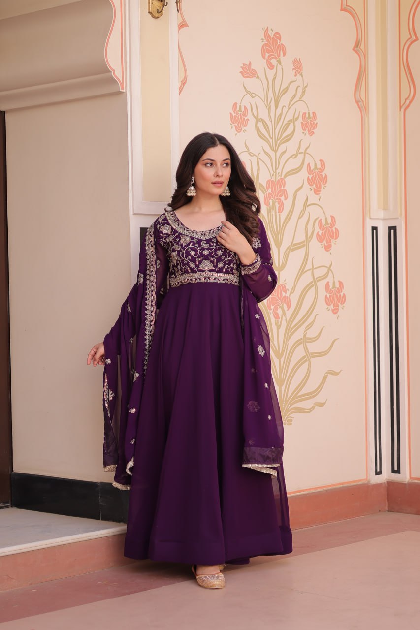 Beautiful Purple And Red Color Designer Gown WIth Dupatta