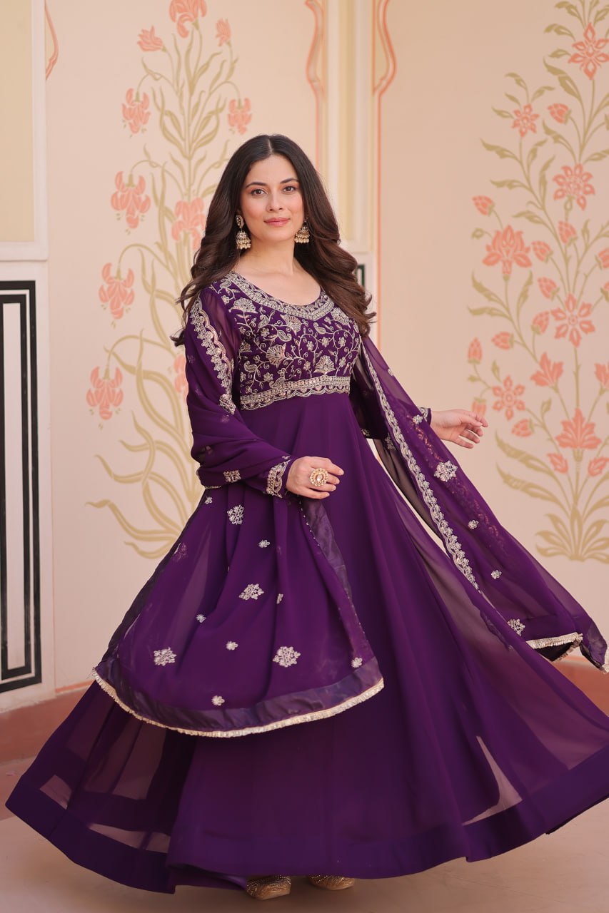 Beautiful Purple And Red Color Designer Gown WIth Dupatta