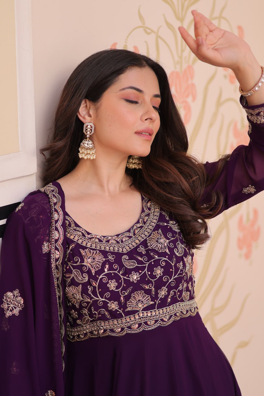 Beautiful Purple And Red Color Designer Gown WIth Dupatta