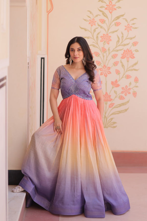Bollywood Style Lavender Color Gold Crush Padding With Beads Embroidered Work Gown