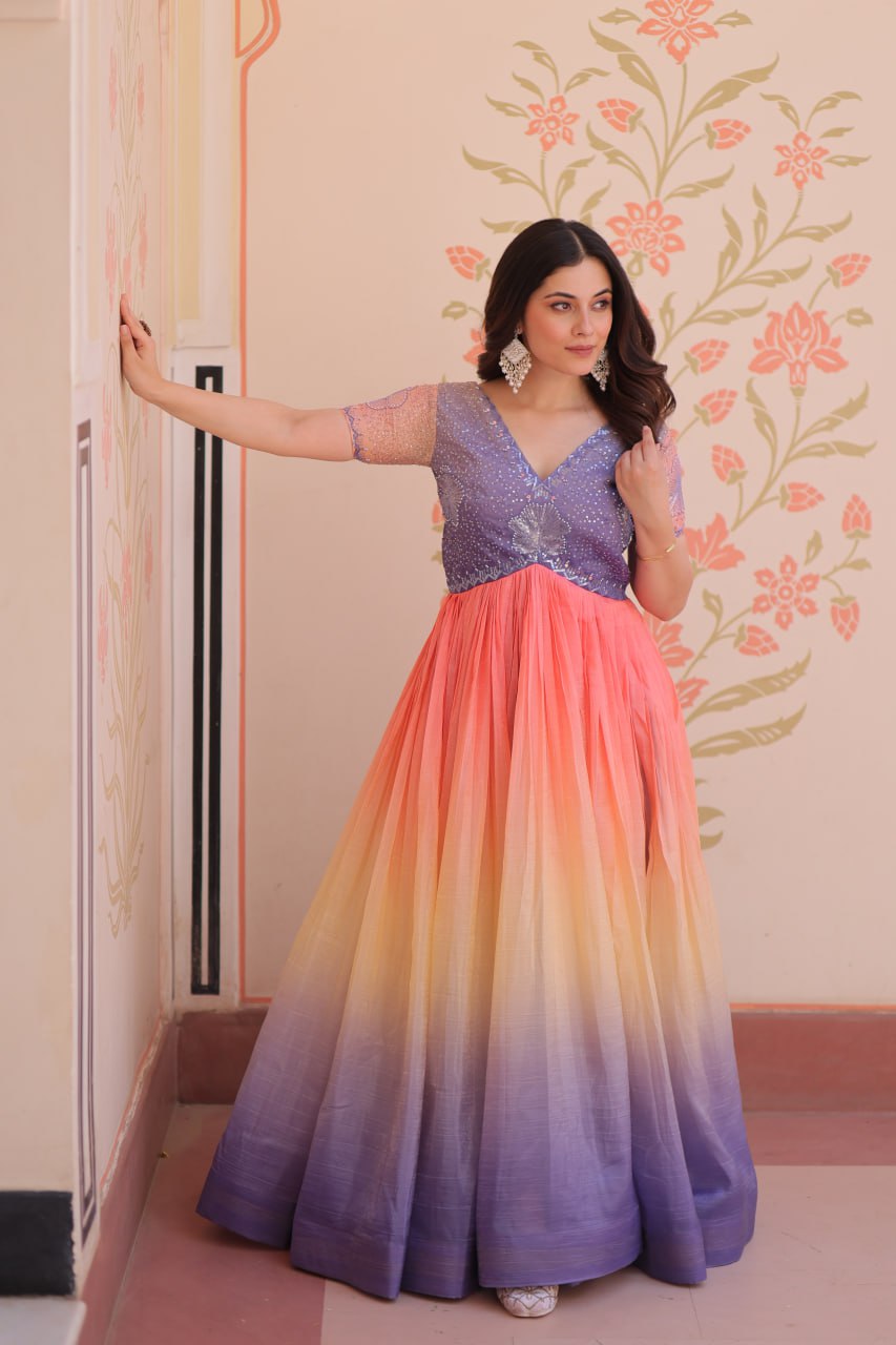 Bollywood Style Lavender Color Gold Crush Padding With Beads Embroidered Work Gown