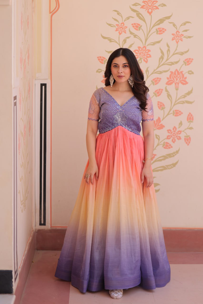 Bollywood Style Lavender Color Gold Crush Padding With Beads Embroidered Work Gown