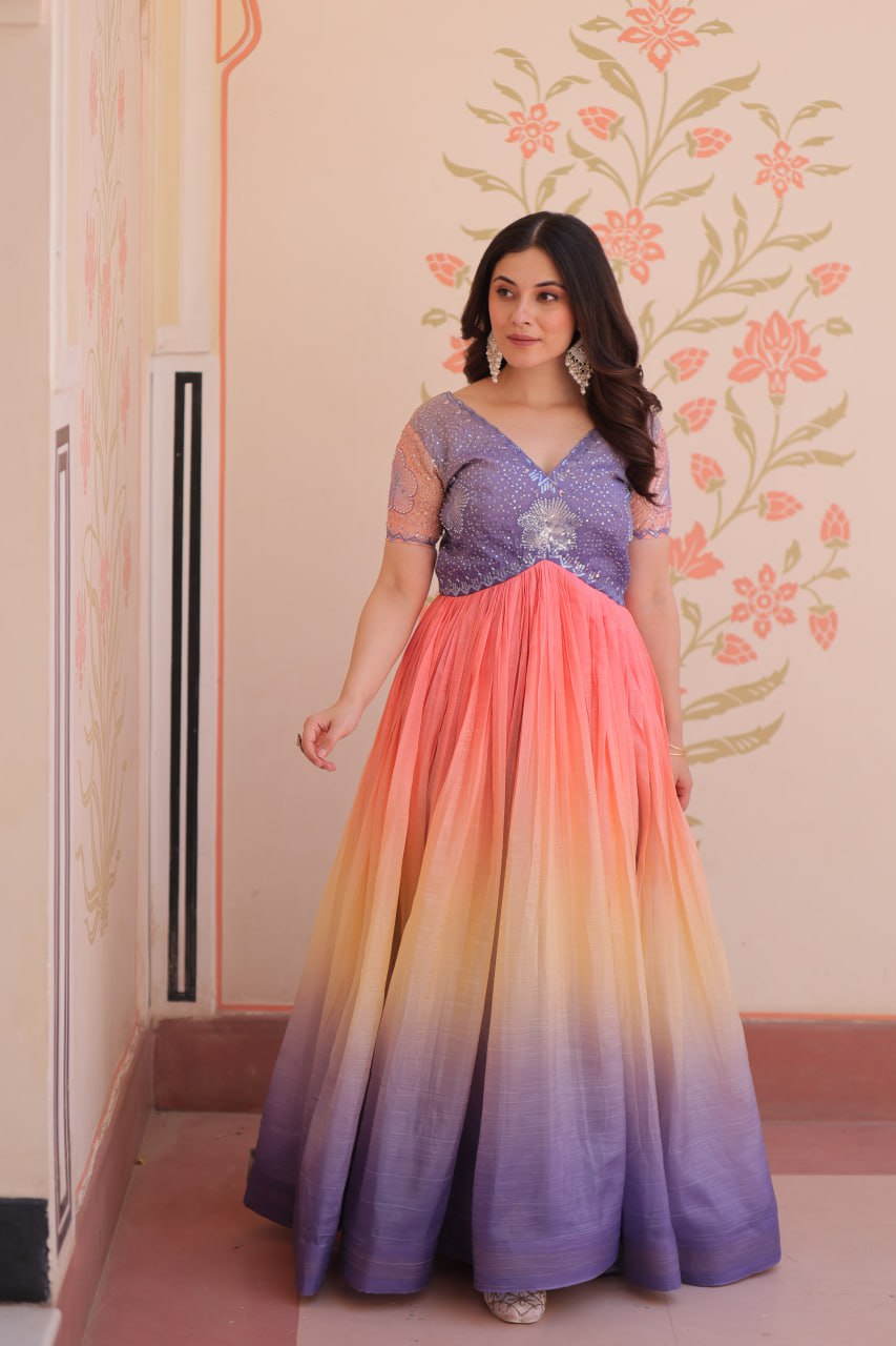 Bollywood Style Lavender Color Gold Crush Padding With Beads Embroidered Work Gown