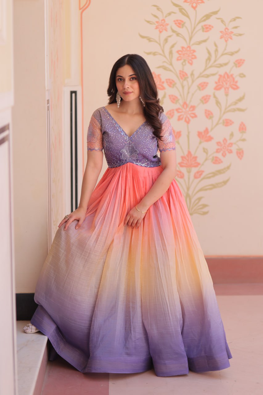 Bollywood Style Lavender Color Gold Crush Padding With Beads Embroidered Work Gown