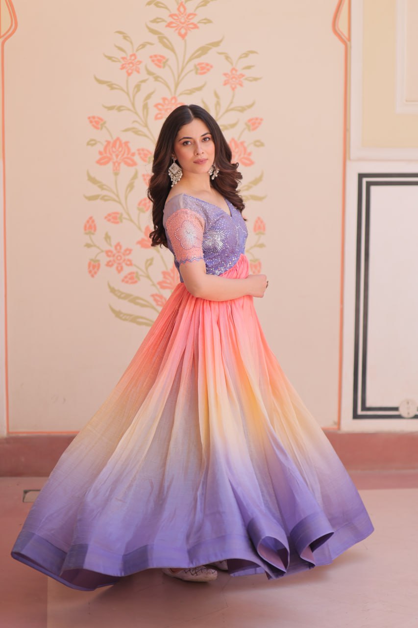 Bollywood Style Lavender Color Gold Crush Padding With Beads Embroidered Work Gown