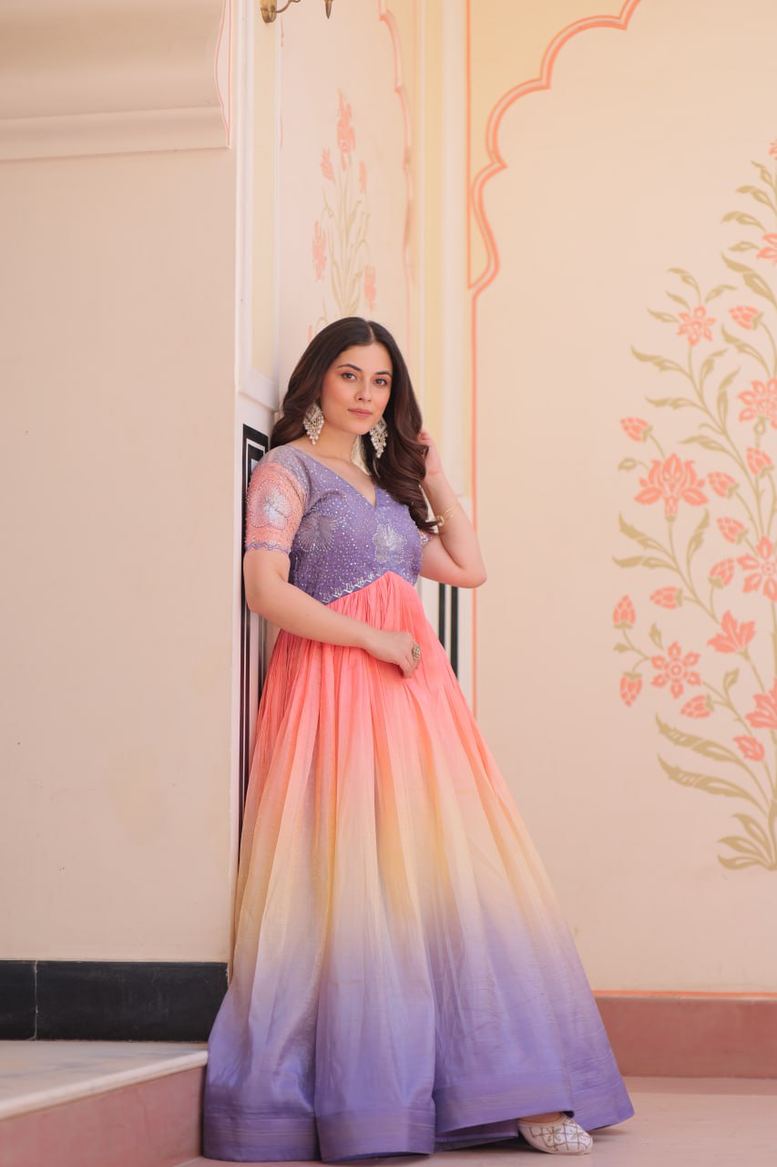Bollywood Style Lavender Color Gold Crush Padding With Beads Embroidered Work Gown