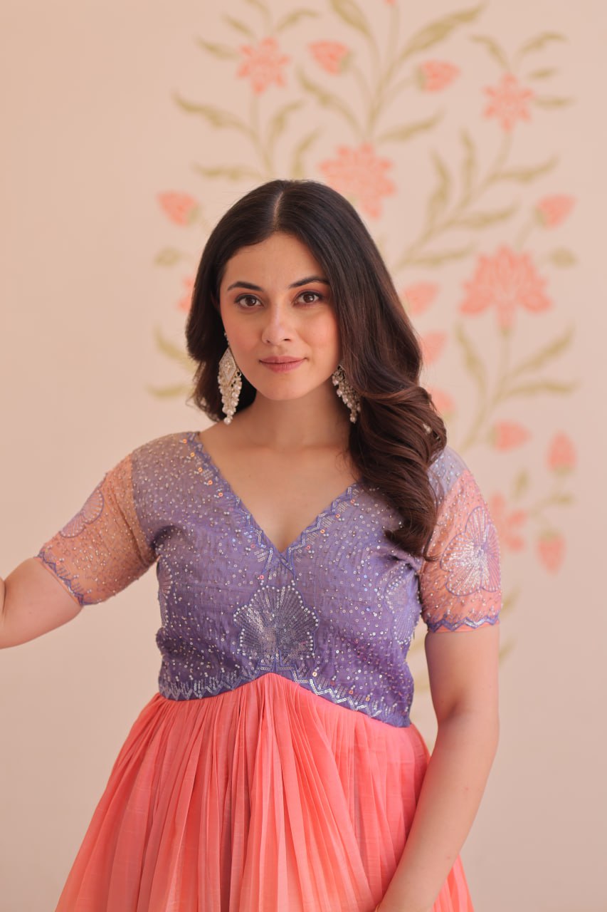 Bollywood Style Lavender Color Gold Crush Padding With Beads Embroidered Work Gown