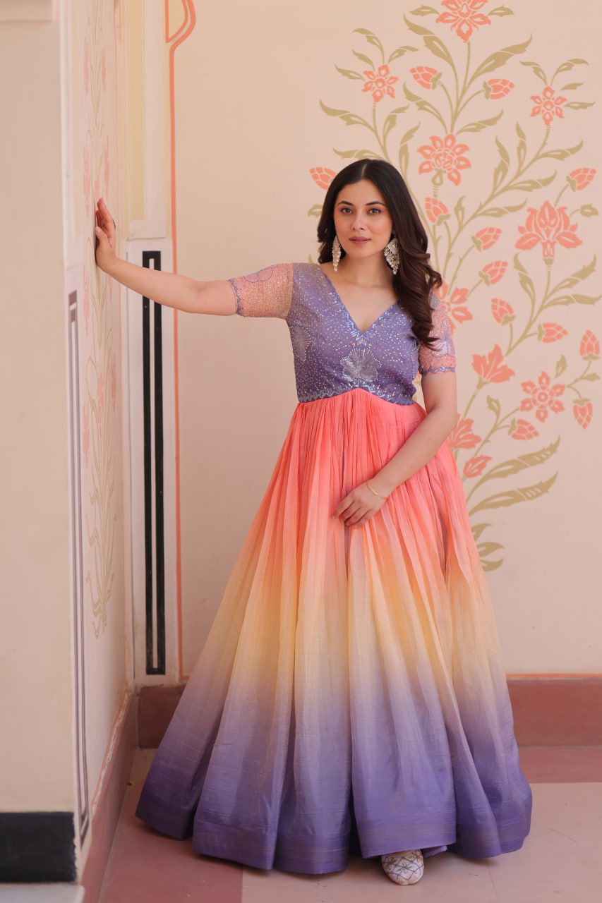 Bollywood Style Lavender Color Gold Crush Padding With Beads Embroidered Work Gown
