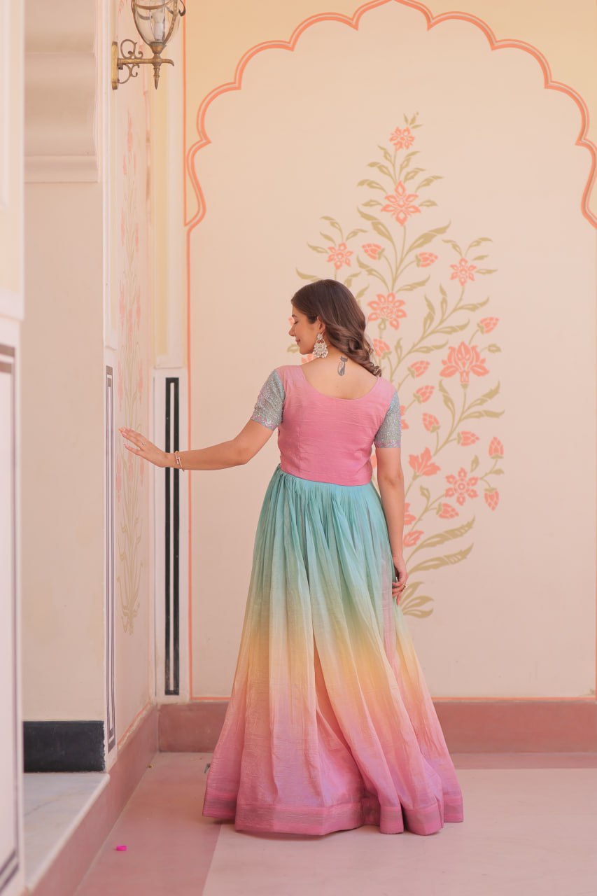 Bollywood Style Peach Color Gold Crush Padding With Beads Embroidered Work Gown
