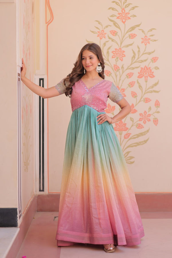 Bollywood Style Peach Color Gold Crush Padding With Beads Embroidered Work Gown
