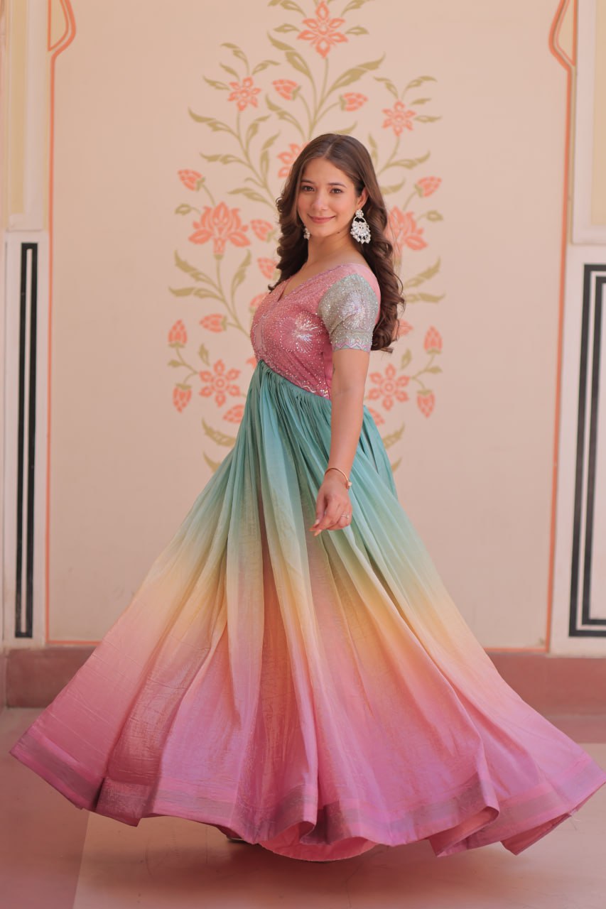 Bollywood Style Peach Color Gold Crush Padding With Beads Embroidered Work Gown