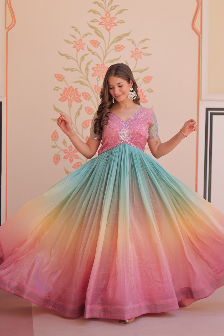Bollywood Style Peach Color Gold Crush Padding With Beads Embroidered Work Gown