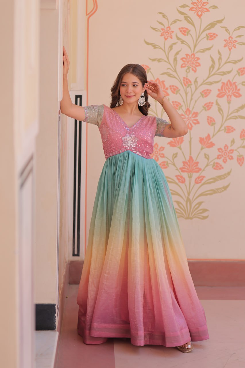 Bollywood Style Peach Color Gold Crush Padding With Beads Embroidered Work Gown