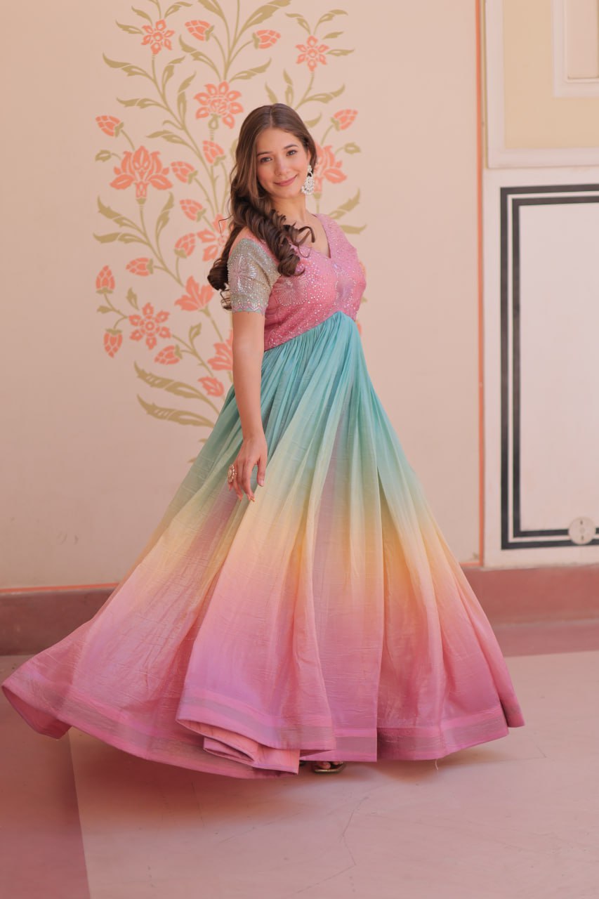 Bollywood Style Peach Color Gold Crush Padding With Beads Embroidered Work Gown