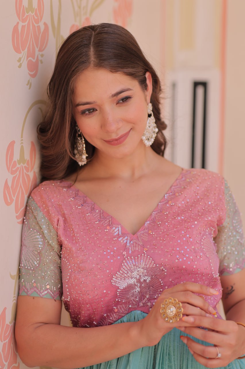 Bollywood Style Peach Color Gold Crush Padding With Beads Embroidered Work Gown