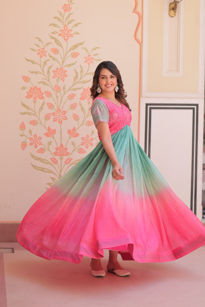 Bollywood Style Pink Color Gold Crush Padding With Beads Embroidered Work Gown